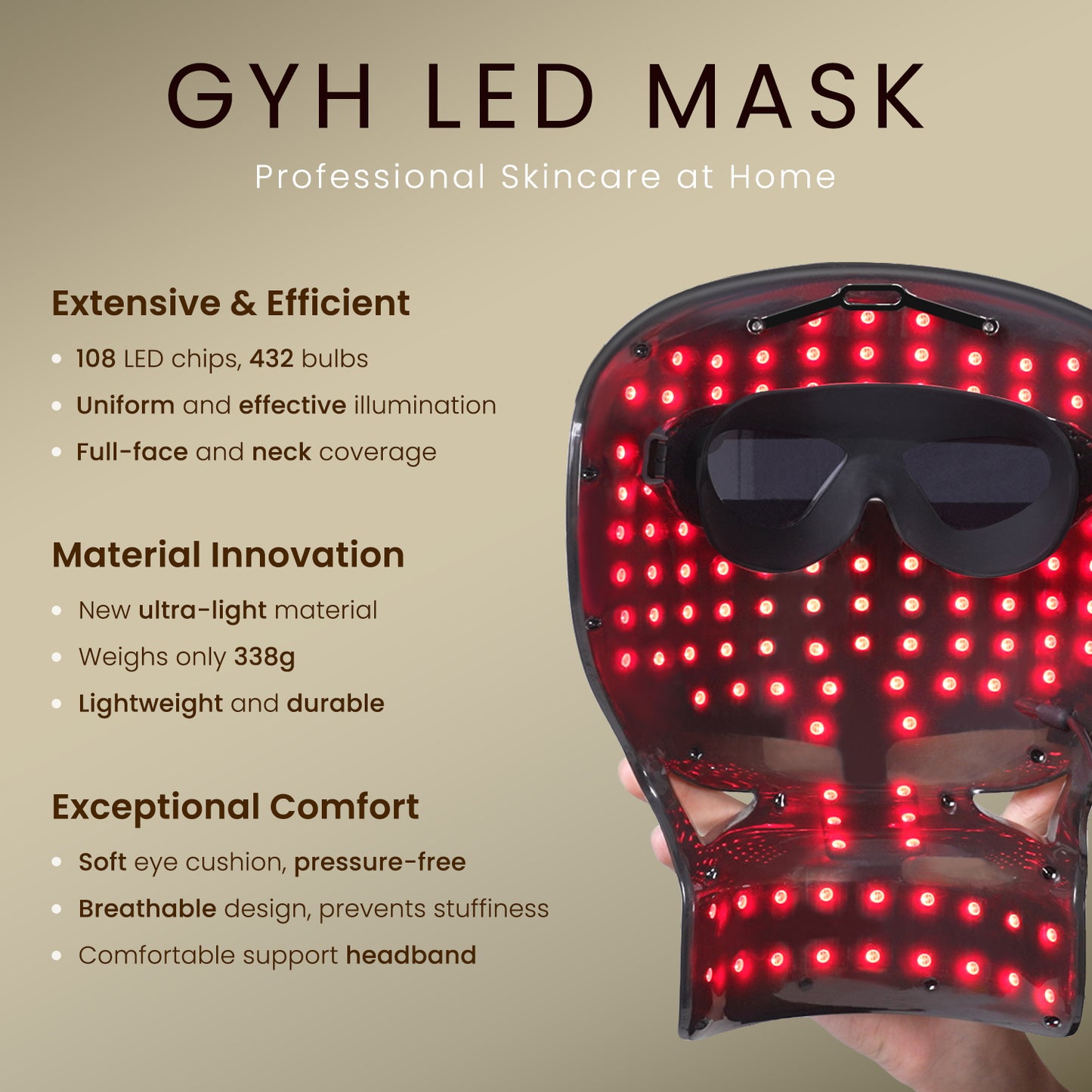 GYH Premium-S 8-Color LED Light Therapy Face & Neck Mask with Handheld Light Wand - Infrared & Red Light Therapy for Face, Wireless, Lightweight - Anti-Aging & Acne Reduction