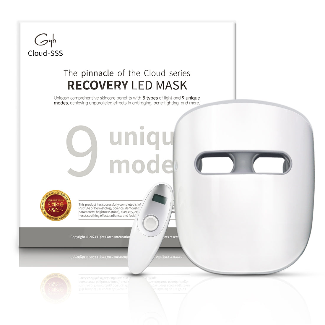 GYH Cloud-SSS Recovery LED Mask showcasing its advanced skincare technology with 8 types of light and 9 unique modes for anti-aging and acne treatment