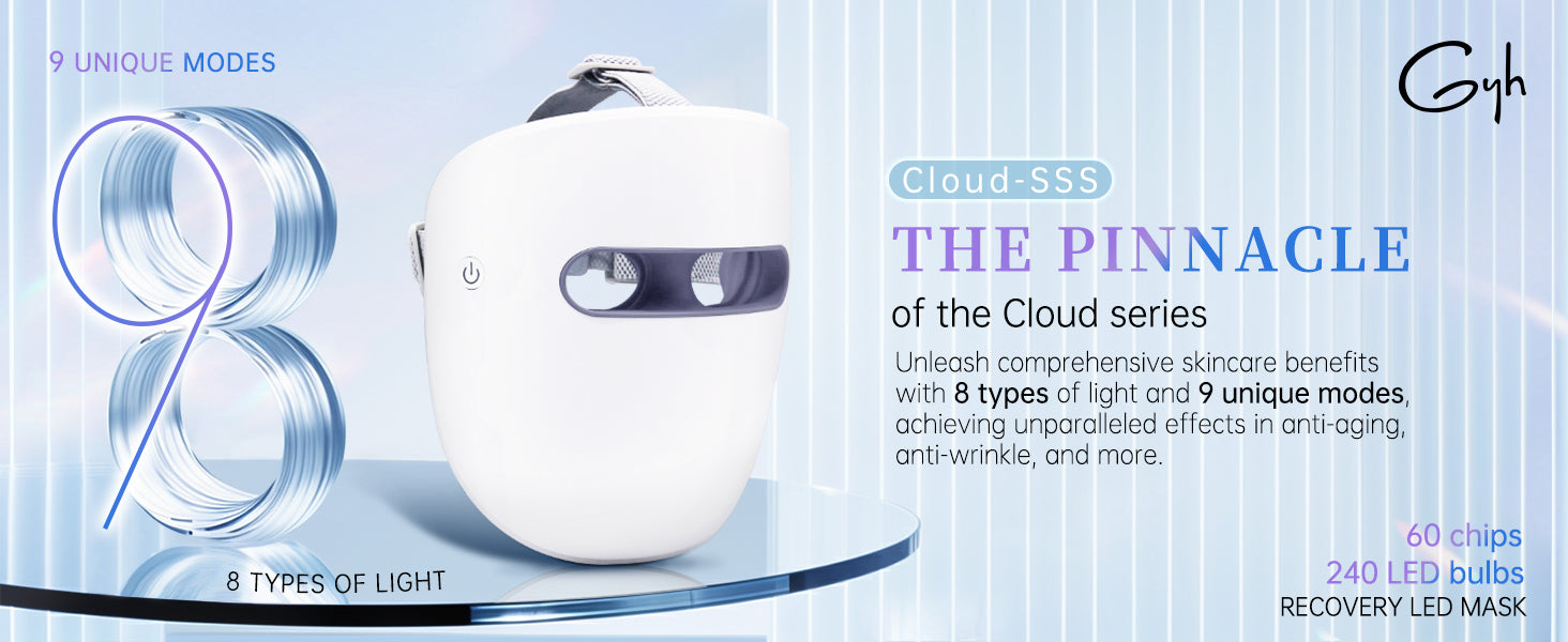 Cloud-SSS Recovery LED Mask featuring 9 unique modes and 8 types of light for comprehensive skincare, anti-aging, and anti-wrinkle benefits.