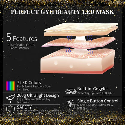 GYH Premium 7 Color LED Light Therapy Face Mask with Neck - Red Light Mask for Face and Neck Skincare, Wireless and Lightweight with Anti-Aging and Wrinkle